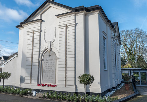 Beautiful chapel on the premises of St Davids Care Home in Ealing, featuring white classical architecture and well-kept landscaping.