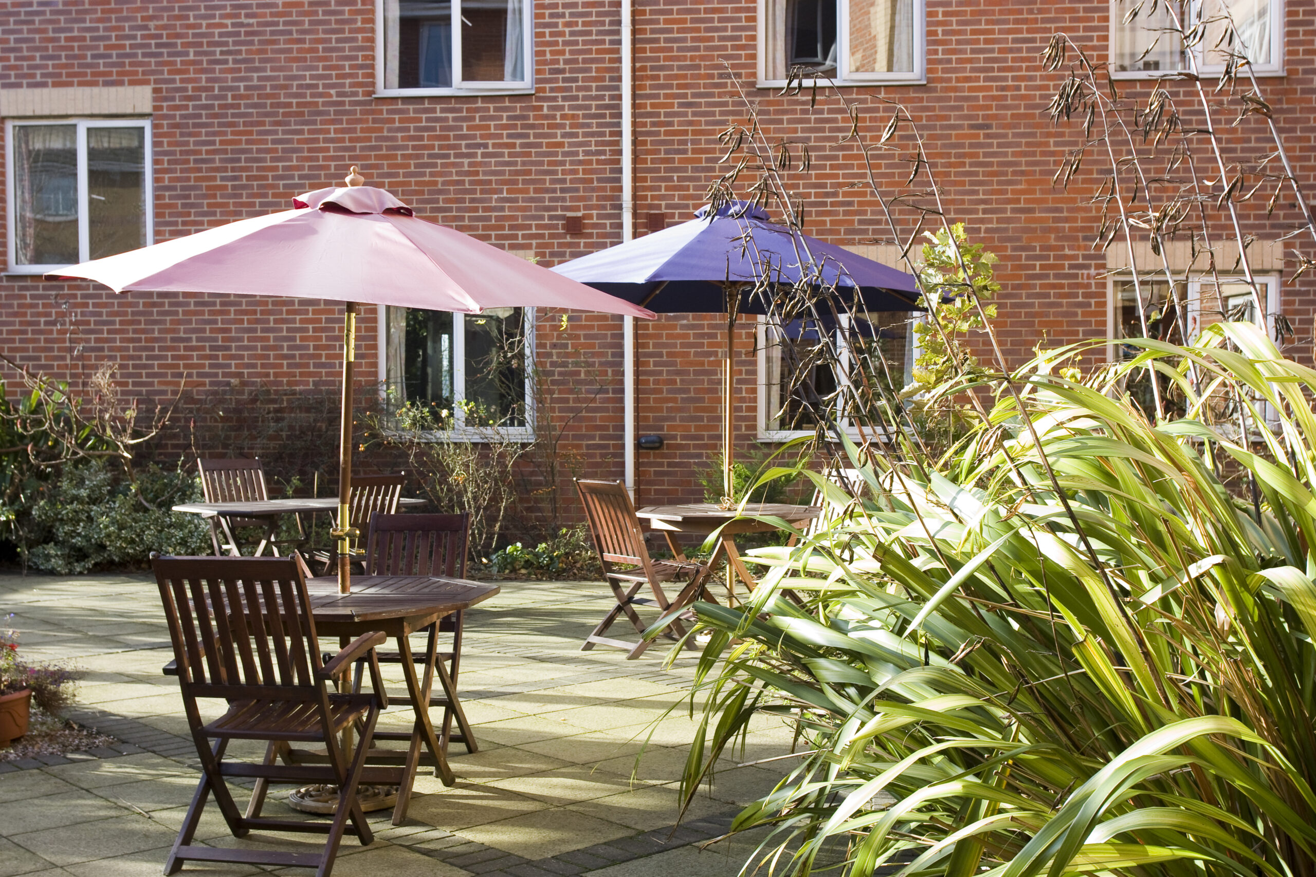 Patio area at Lansdowne Care Home featuring wooden tables and chairs, with pink and navy umbrellas, surrounded by greenery.