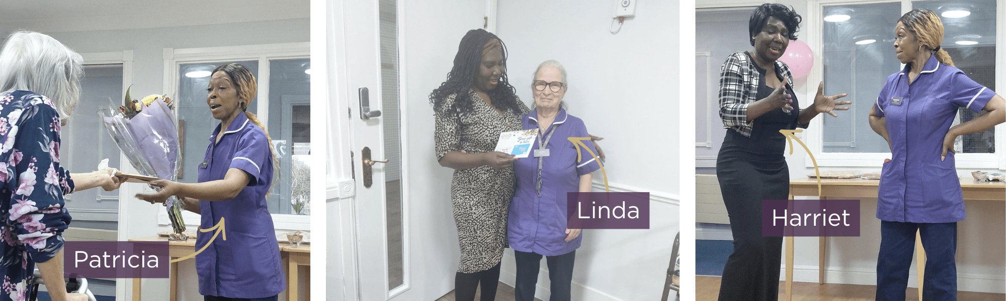 Celebrating staff members, featuring Patricia receiving flowers, Linda with a certificate, and Harriet sharing a moment in Charlton Park.