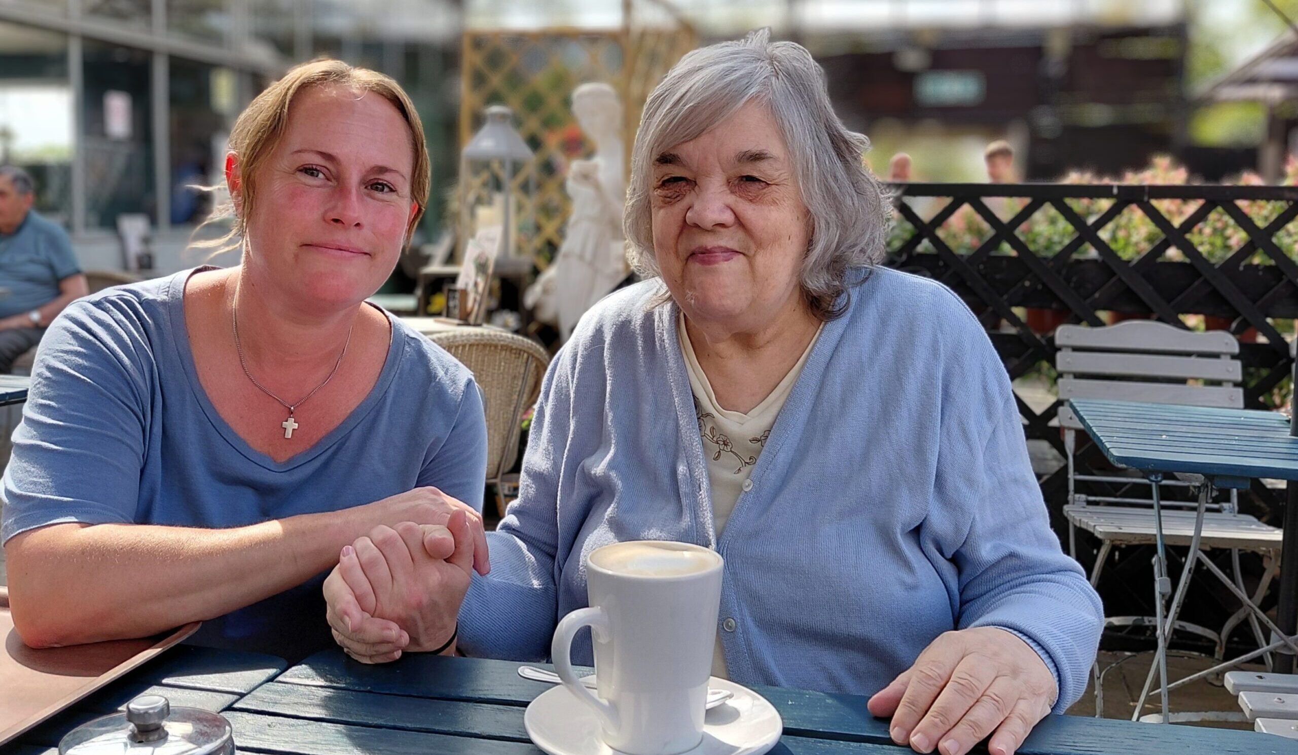 Garden centre visit with two women enjoying a coffee outdoors