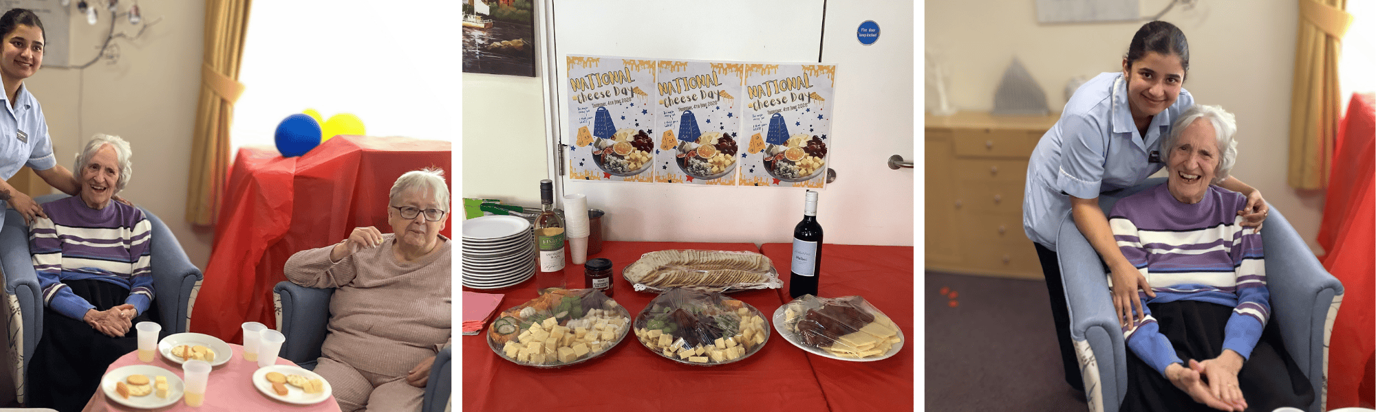 Care home residents celebrating National Cheese Day with staff
