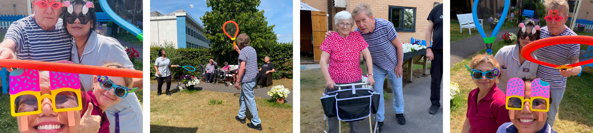 Elderly residents enjoying garden party with fun photo props
