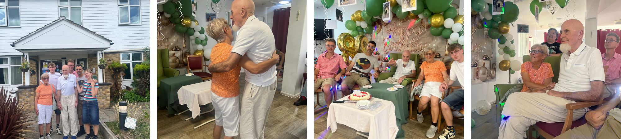 Elderly couple celebrating birthday with family balloons and cake
