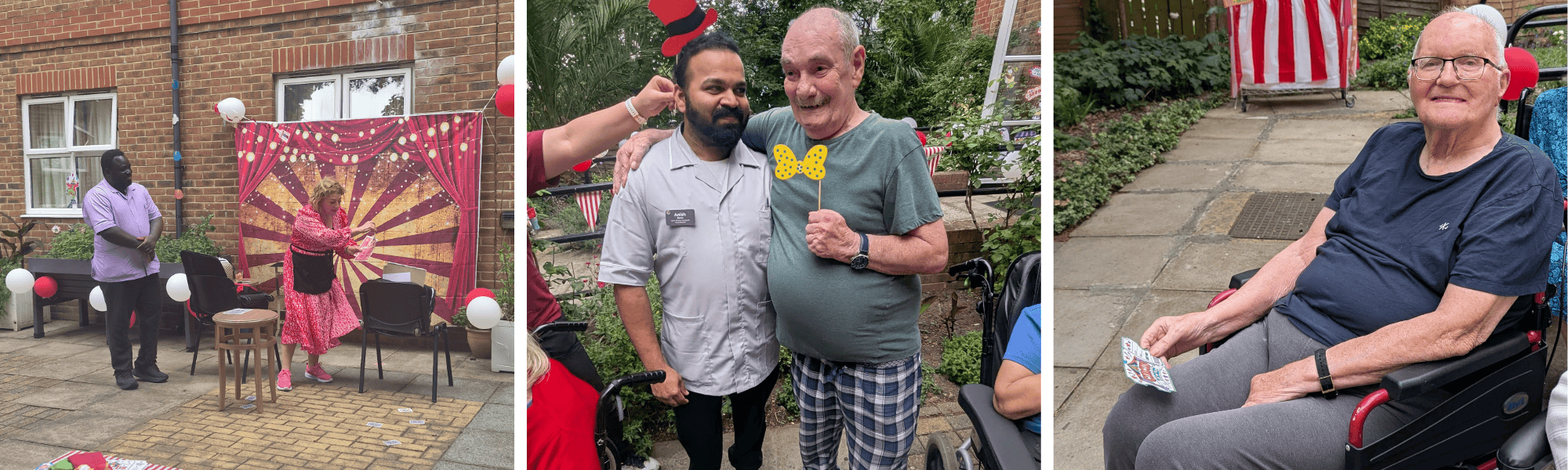 Care home residents enjoying garden celebration and friendship