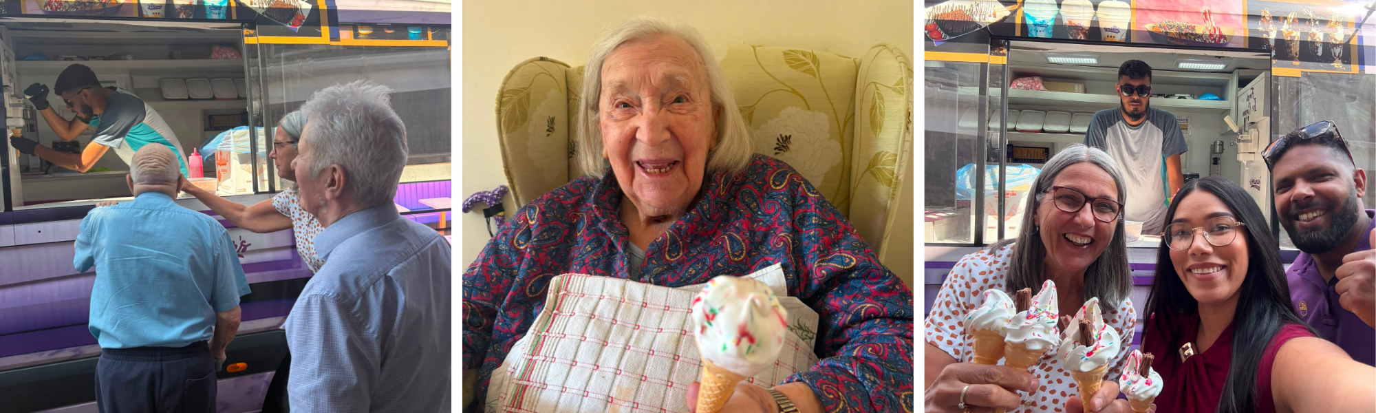 Elderly woman celebrates birthday with ice cream cake