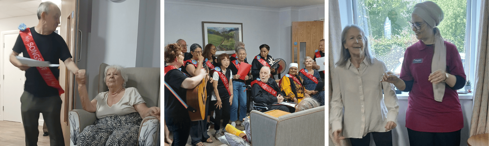 Residents and carers singing joyfully at Willesden Court Care Home