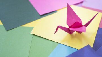 Pink origami crane folded during a care home challenge