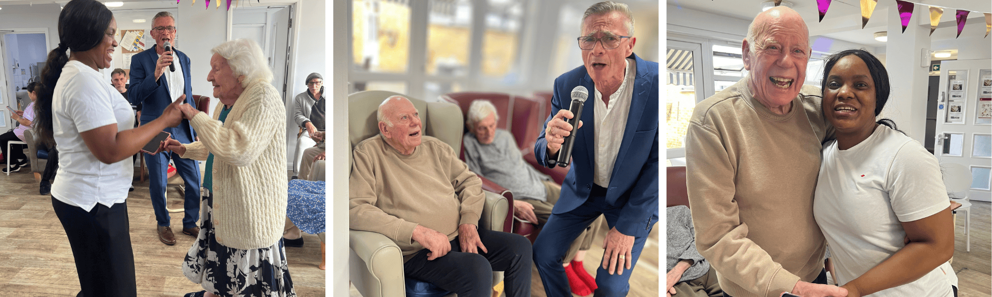 Seniors enjoying live singing with a microphone in care home