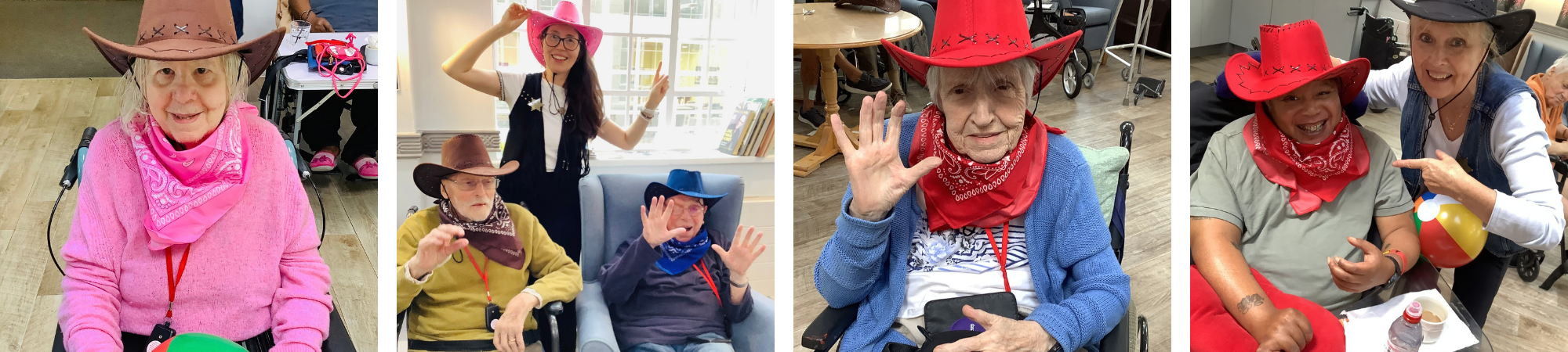 Elderly residents smiling in cowboy hats at care home day