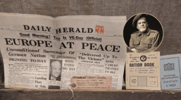 VE Day newspaper headlines with Eisenhower portrait